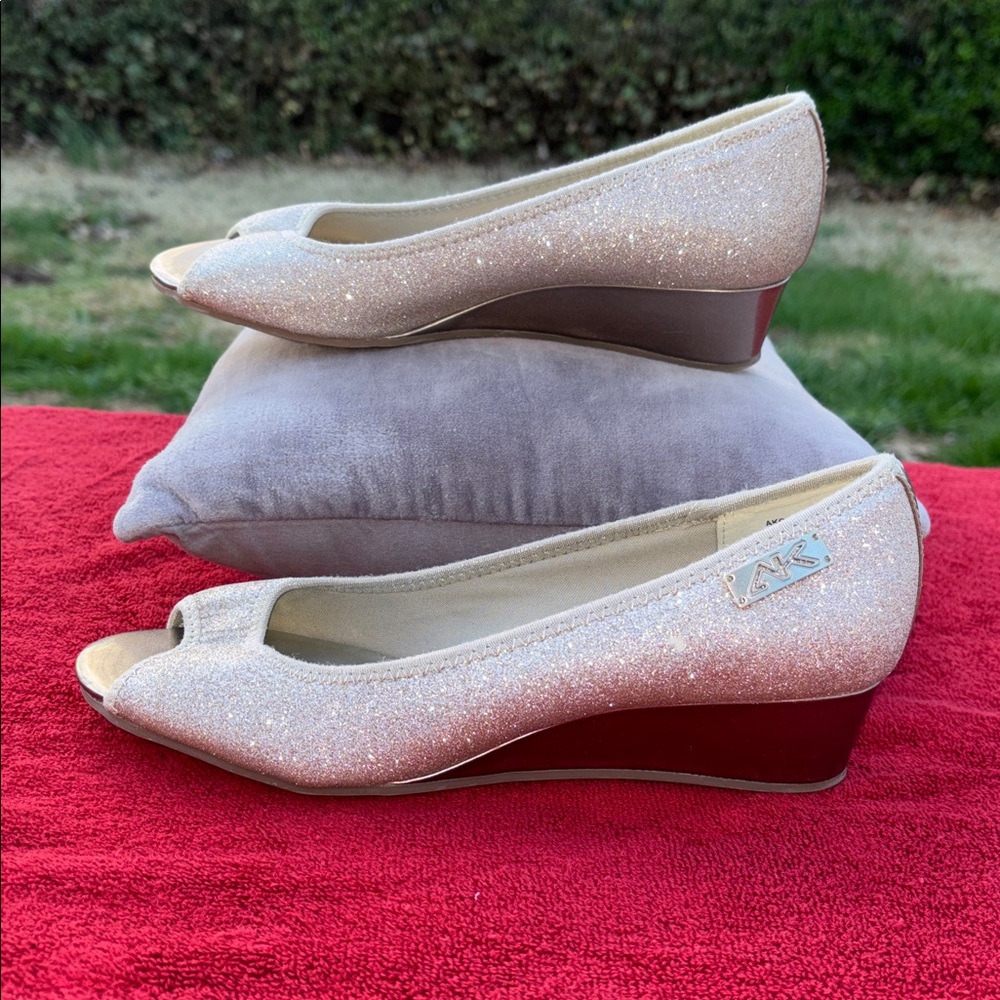 Anne Klein Glitter Peep-Toe Wedge Heels in Champagne Sparkle